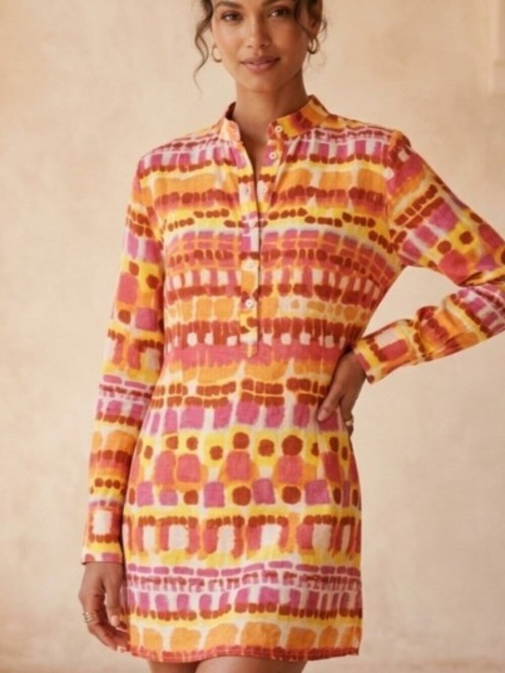 George Roth Los Angeles Size Small Orange Tie Dye Long Sleeve Popover Tunic Top